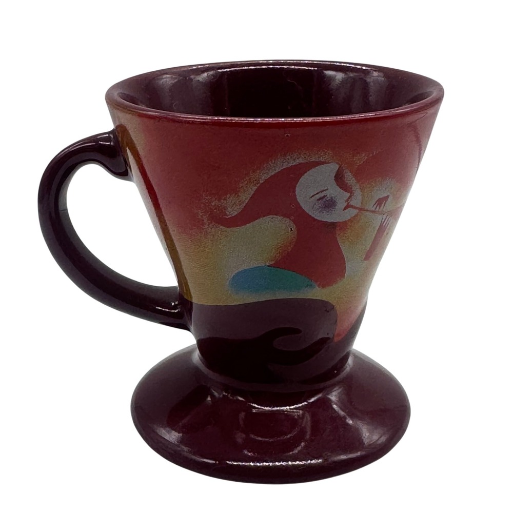 Linda Frichtel 1999 Art Pottery Mug Burgundy Pedestal Music Figures Espresso Cup